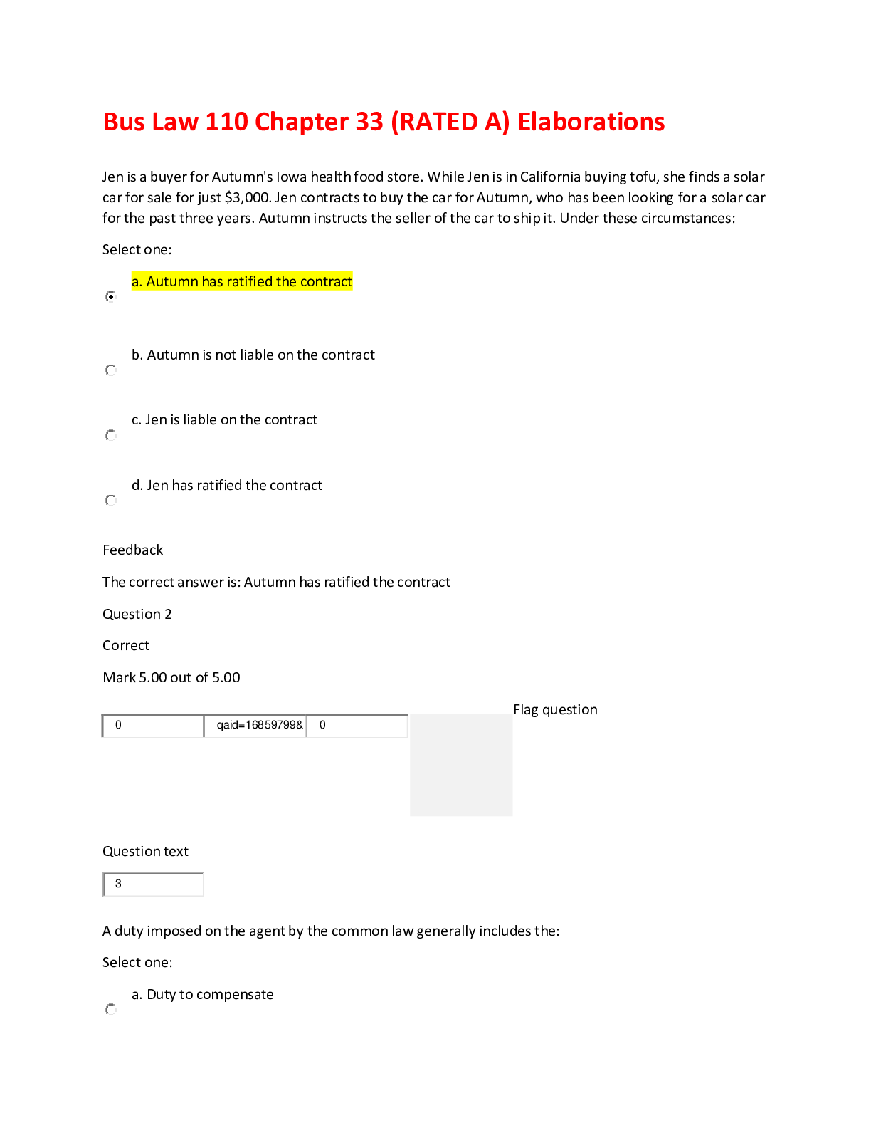 Preview image of Bus Law 110 Chapter 33 (RATED A) Elaborations | Straighterline document